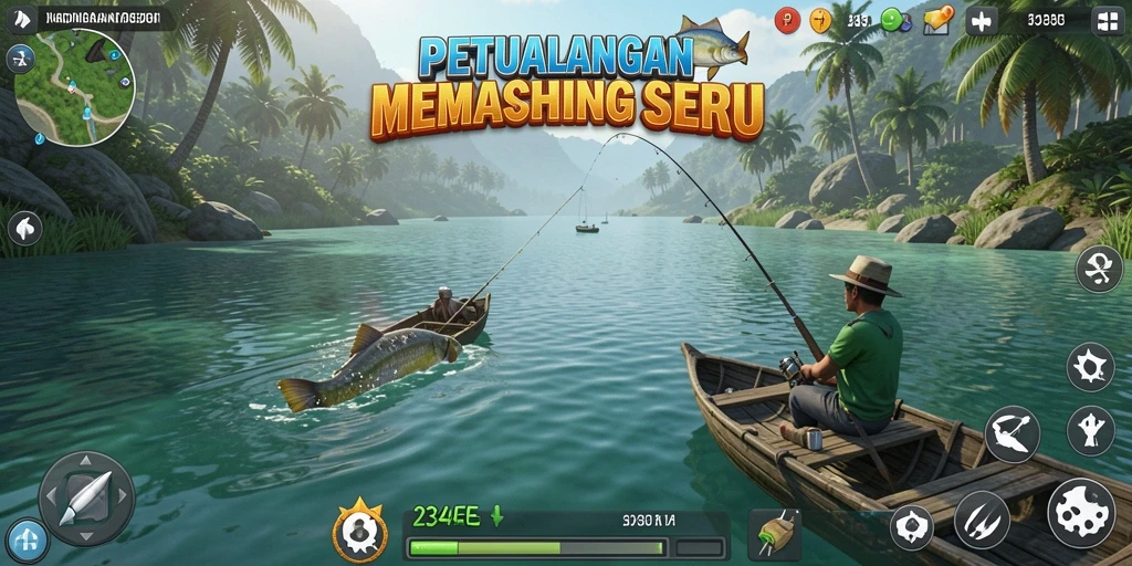 Screenshot gameplay 234E yang menunjukkan aksi memancing yang seru.
