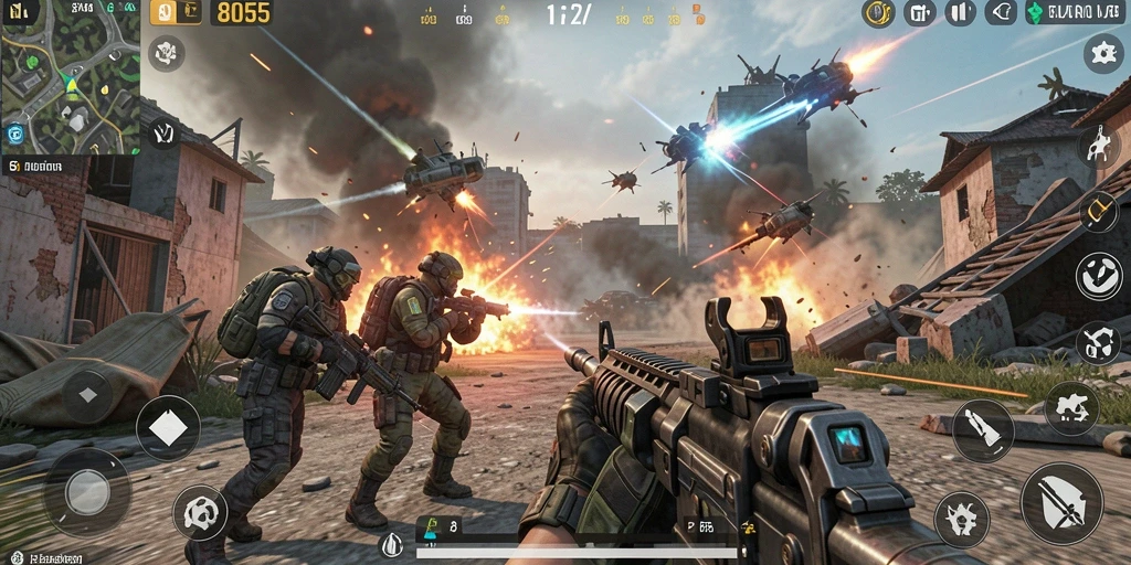 Gameplay menegangkan di dalam pertempuran TPS 8055.