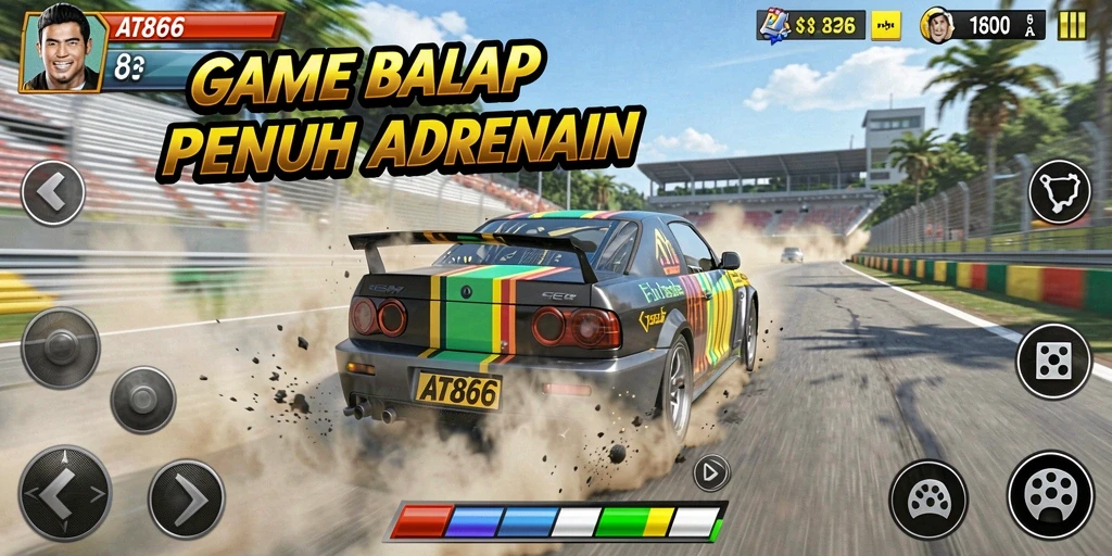 Screenshot gameplay AT866 yang menunjukkan aksi balap seru.