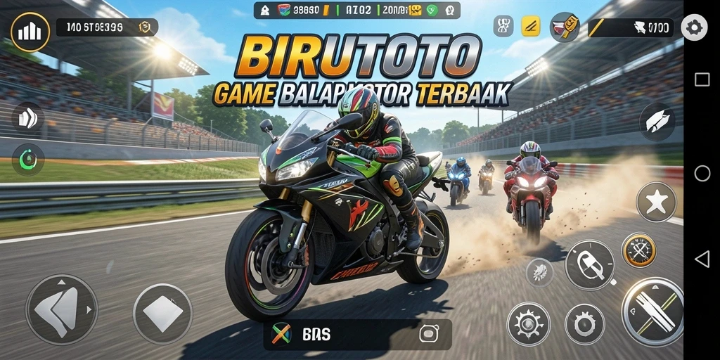 Tampilan gameplay BIRUTOTO dengan balapan motor yang seru.