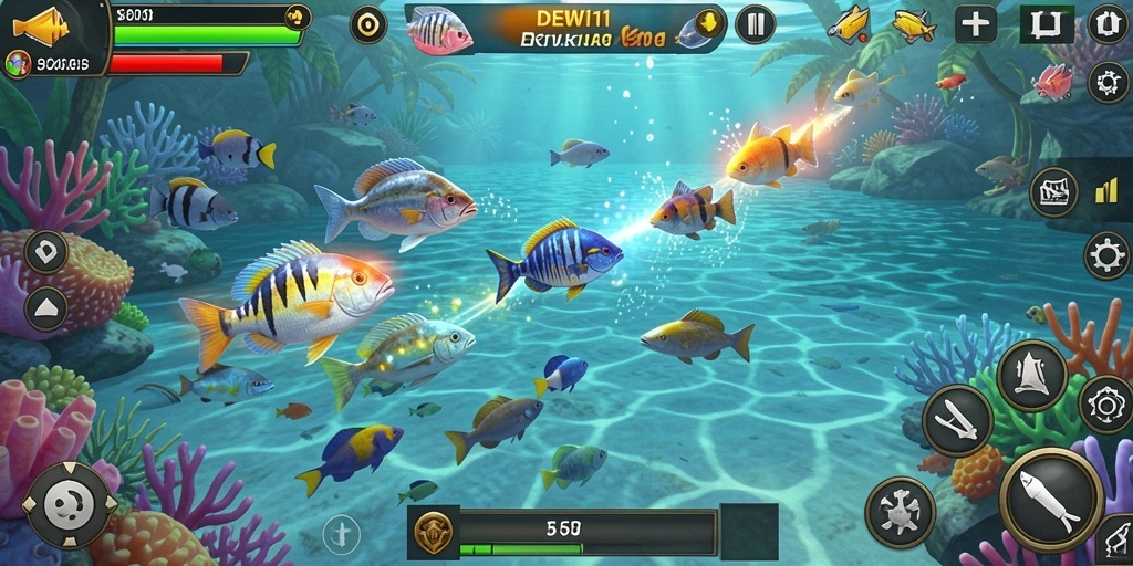 Gameplay seru dalam DEWI11 saat menembak ikan berwarna-warni.