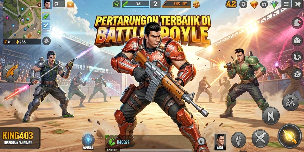 Screenshot KING403 menampilkan aksi seru dalam pertarungan Battle Royale.